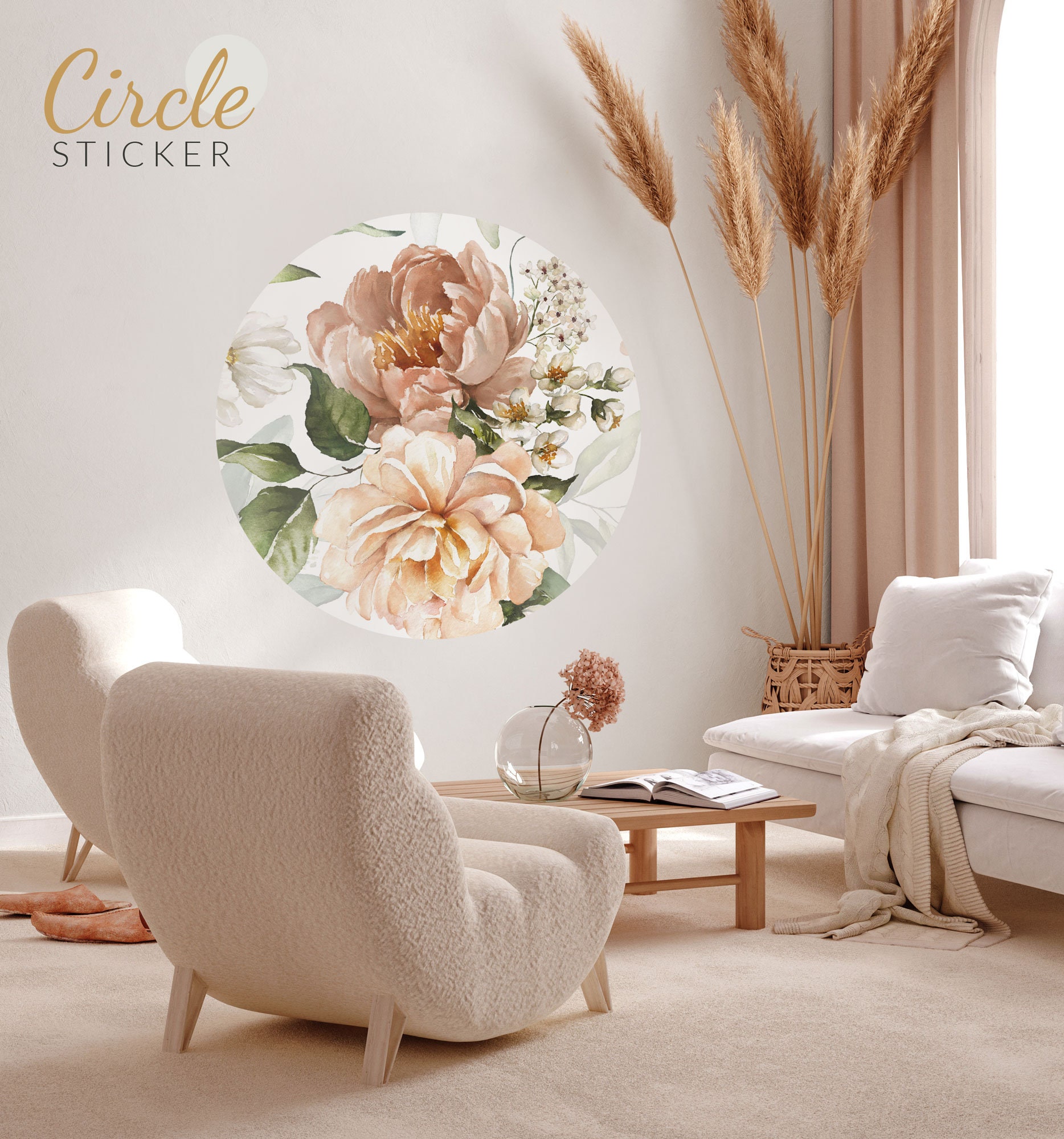 Peony Floral Wall Sticker, Circle Botanical Decal, Peel and Stick - Etsy