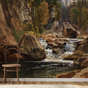 Mountain stream, vintage rural landscape wall mural, retro wallpaper | Peel and Stick (Self Adhesive) or Non Adhesive Vinyl Paper