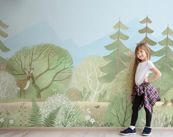 Papel de parede aquarelado com tema de floresta, veado, lebre, mural para quarto infantil (adesivo ou vinílico).