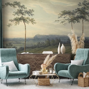 Vintage landscape wallpaper | Peel and Stick (Self Adhesive) or Non Adhesive Vinyl Paper