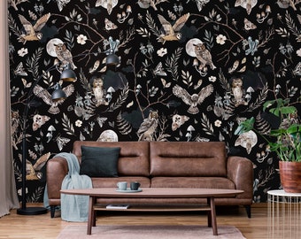 Owl Wallpaper, Abstract Floral Pattern, Peel and Stick Vinyl