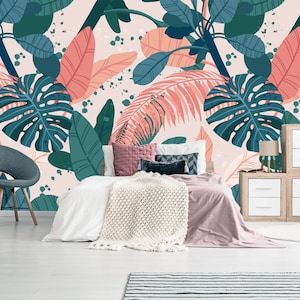 Pink and green tropical leaves pattern wallpaper, botanical decor | self-adhesive, removable, peel & stick wall mural