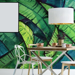 Watercolor wallpaper with green and blue exotic leaves, self adhesive, peel and stick floral wall mural
