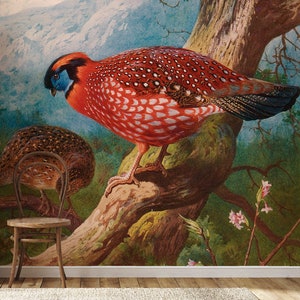 Red and Brown Birds Vintage Wallpaper, Tree and Mountain Landscape | Peel and Stick (Self Adhesive) or Non Adhesive Vinyl Paper