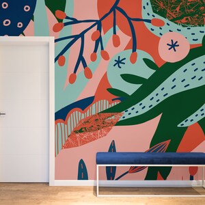 Vector colorful abstract cartoon plants wallpaper, Peel & Stick, Self Adhesive Removable Wall Mural