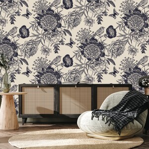 Beige Art Deco Tapete mit Vögeln und Blumen | selbstklebende Tapete, abnehmbar, Schälen & Aufkleben Wandbild, Wanddekor