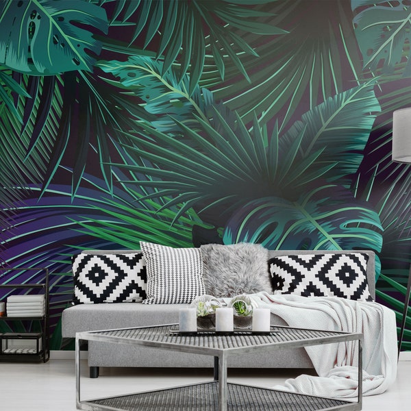 Tropical leaves monstera mural, exotic print, home decor, removable peel and stick wallpaper, wall decor, sticker, floral clipart, boho