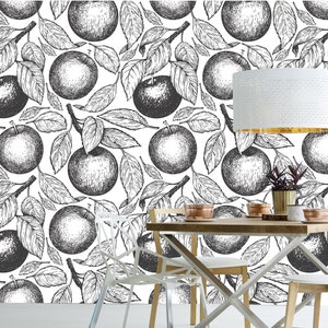 Carta da parati in bianco e nero, ramo di melo, frutta, botanica/autoadesiva, rimovibile, murale stacca e incolla, decorazione murale
