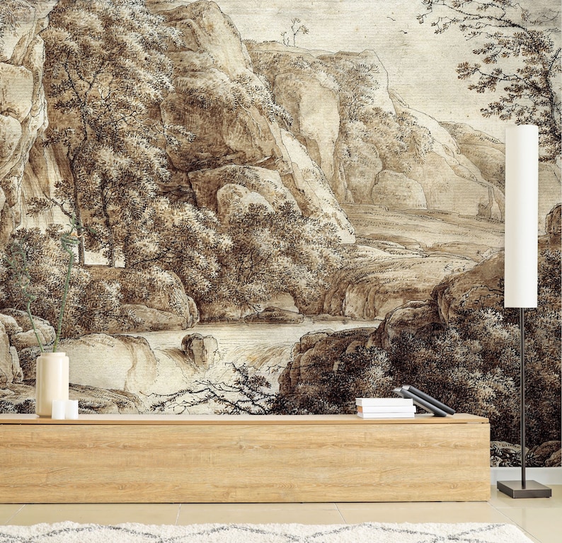 Mountain Lake Landscape Wallpaper | Sepia Tone Peel and Stick Vinyl - Etsy