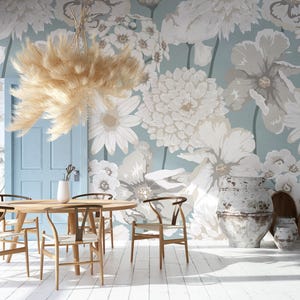 Floral wallpaper, white and blue botanical wall mural, botanical home decor | Peel and Stick (Self Adhesive) or Non Adhesive Vinyl Paper
