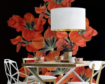 Black and Red floral motive wallpaper, Peel & Stick Wallpaper, Self Adhesive Removable Wall Mural