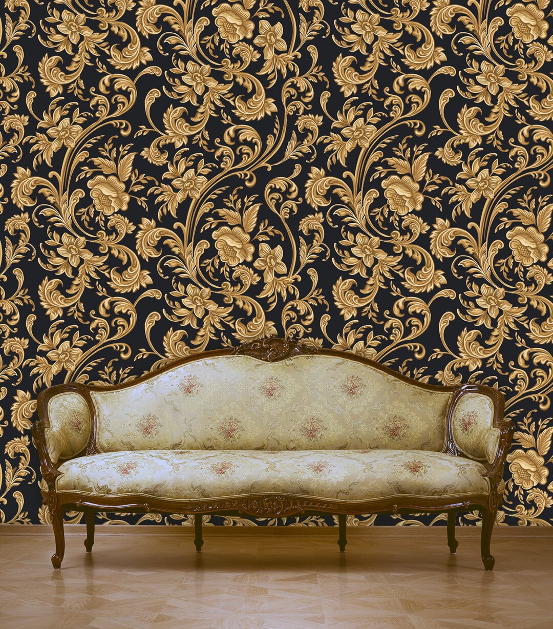 Vintage Wallpaper Roll Gold Pattern Wallpaper, Home Decor, Wall Decal, Removable Peel and Stick