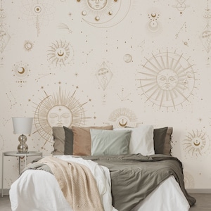 Carta da parati celeste astrologia beige con sole e luna* / carta da parati autoadesiva, rimovibile, stacca e incolla, decorazione murale