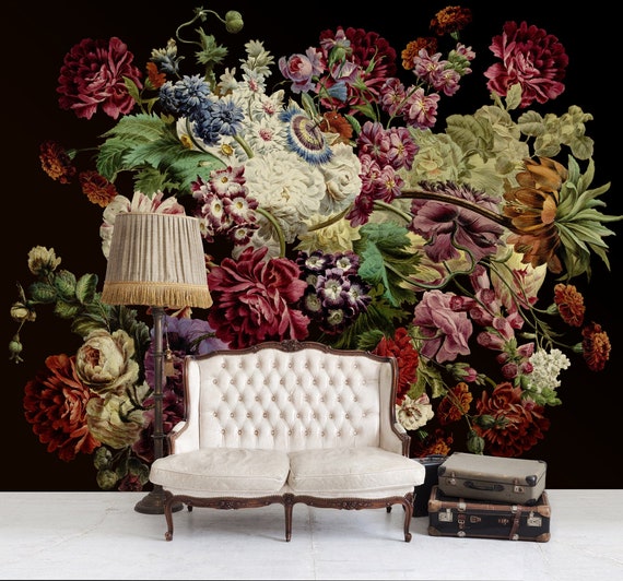 Dark wallpaper with vivid floral vintage motive, Peel & Stick Wallpaper, Self Adhesive Removable Wall Mural