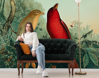 Bird on Branch Wallpaper, Green Landscape Mural, Peel and Stick or Non Adhesive