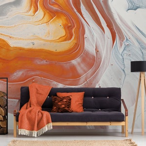 Wallpaper with white and orange water abstraction, self adhesive, peel and stick wall mural