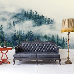 Wallpaper with foggy green conifer forest, self adhesive, peel and stick botanical wall mural