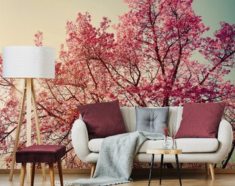 Cherry Blossom Tree Wall Mural, Blooming Branch Photo, Peel and Stick Wallpaper