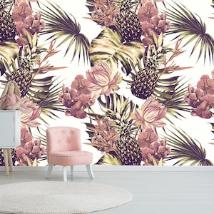 tropical flowers wallpaper, pineapple mural, watercolor wallpaper, painting wallpaper, floral wallpaper, removable peel and stick wallpaper