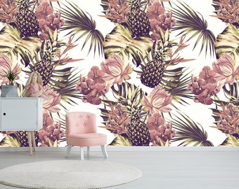 Tropical Pineapple Floral Wallpaper, Removable Peel and Stick Mural