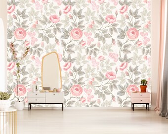 White wallpaper with pink rose pattern | self-adhesive, removable, peel & stick wall mural, wall decor