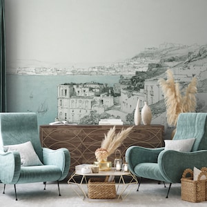 Meer und Küstenstadt Tapete, Gemalte Meereslandschaft Wandbild | Schälen und aufkleben (selbstklebend) oder nicht klebendes Vinylpapier