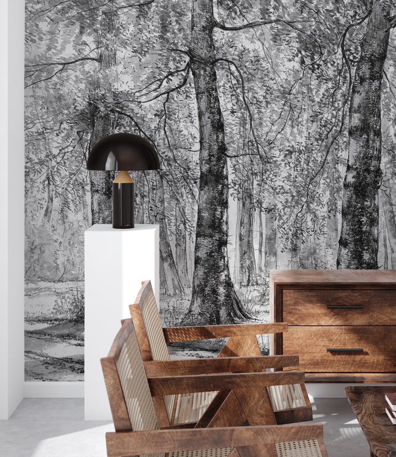 Black and White Forest Wallpaper Vintage Landscape Wall Mural Etsy