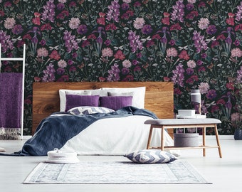 Dark wallpaper with red and purple floral pattern* | self-adhesive, removable, peel & stick wall mural