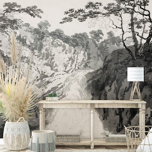 Black and white wallpaper with a valley landscape | Peel and Stick (Self Adhesive) or Non Adhesive Vinyl Paper