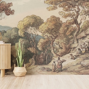 Wald Bäume Tapete, Vintage Landschaft Wandbild | Abziehen und aufkleben (selbstklebend) oder nicht klebendes Vinylpapier