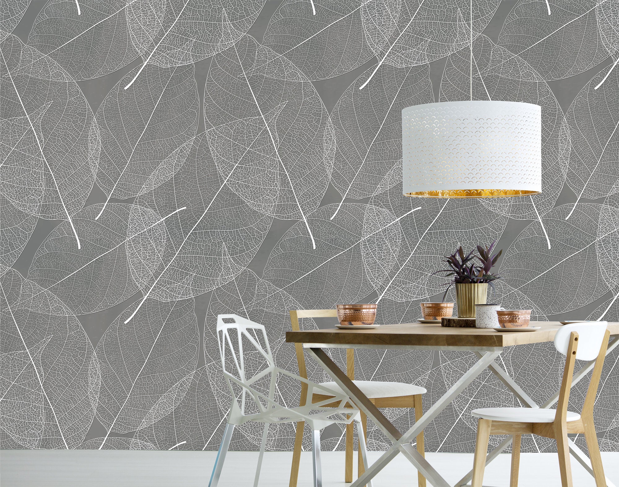 Gray Background With White Leaf Wallpaper Selfadhesive Etsy