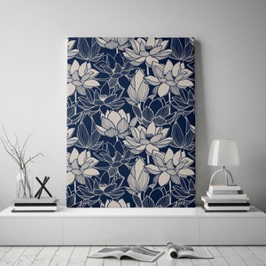 Blaue und weisse blühende Blumen Druck auf Leinwand, botanisches Bild, modernes Wanddekor, ZUR SELBSTMONTAGE
