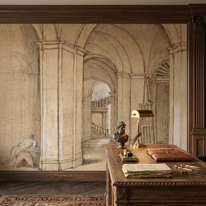 Carta da parati con schizzi di architettura antica, murale beige per interni, arte murale antica, decorazione per la casa, autoadesiva o in vinile tradizionale immagine 7