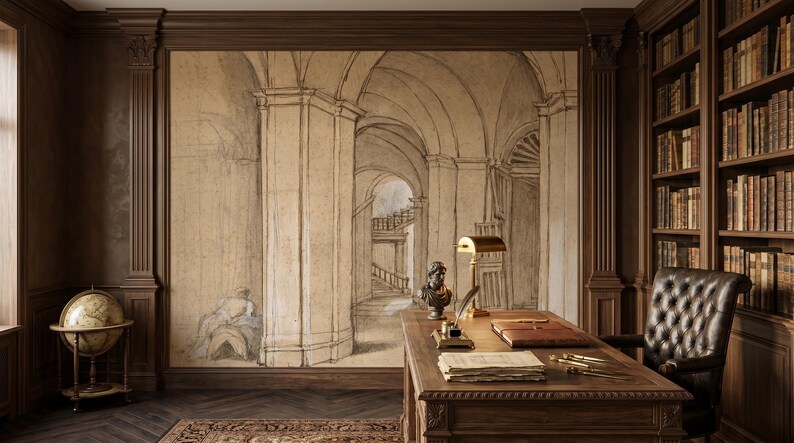Carta da parati con schizzi di architettura antica, murale beige per interni, arte murale antica, decorazione per la casa, autoadesiva o in vinile tradizionale immagine 7