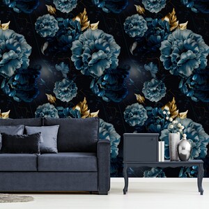 Dark Blue and Gold Matte Peony Mural Self-adhesive Wallpaper, Removable ...