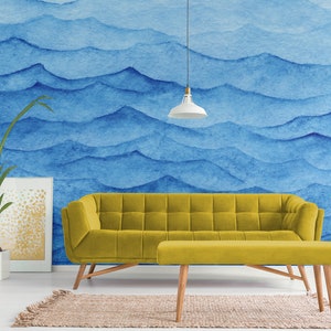 Ocean waves beautiful watercolor, peel and stick wall mural
