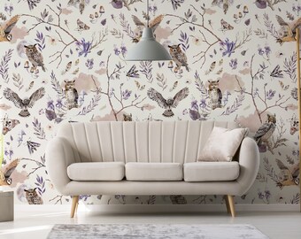 Watercolor Owl Wallpaper, Abstract Floral Peel and Stick Vinyl