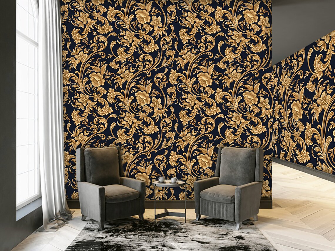 Vintage Wallpaper Roll Gold Pattern Wallpaper Home Decor Etsy