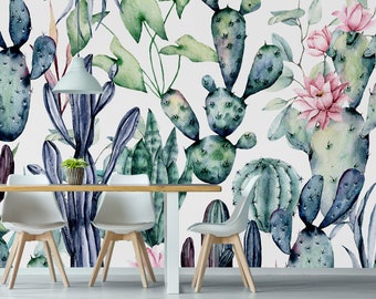 Watercolor cactus wallpaper, self adhesive, peel and stick botanical wall mural