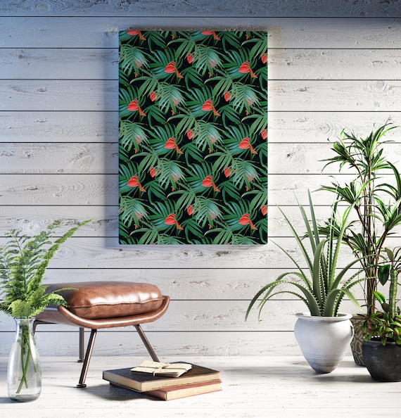 Tropical leaves and red anturium flowers Canvas Print, Botanical print, Modern Wall Decor, FOR SELF ASSEMBLY