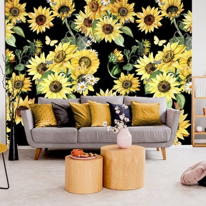 Papel de parede com lindos girassóis, fundo preto, autoadesivo, padrão floral, mural floral descasque e cole, arte floral