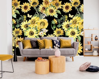 ひまわり柄壁紙、黒背景、貼ってはがせる花柄壁画 - Etsy 日本