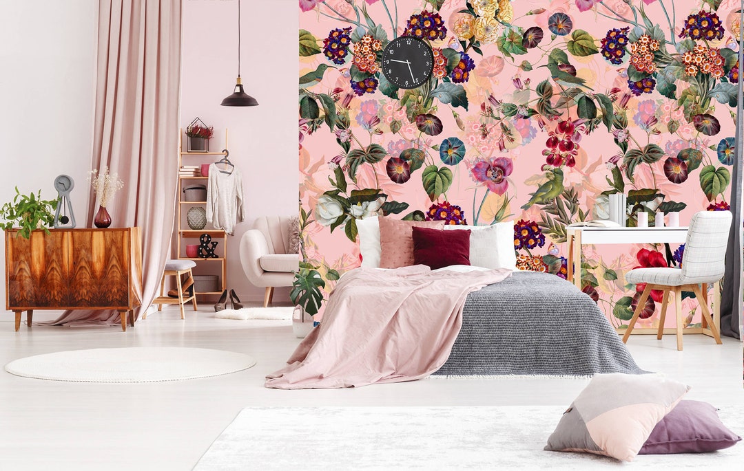 Pink Wall Patterns Wallpaper With Pink Background, Colorful Flowers, Tropical Pattern ...