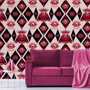 Illuminati Retro Geometrische Tapete, Augen- und Diamantenmuster | Schälen und aufkleben (selbstklebend) oder nicht klebendes Vinylpapier