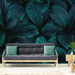 Tropical dark leaves pattern on dark background, wallpaper | self-adhesive, removable, peel and stick wall mural