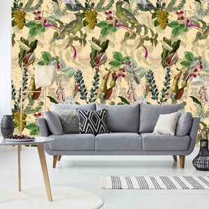 Bright wallpaper with tropical leaves and birds, tropical pattern, wallpaper | self-adhesive, removable, peel and stick wall mural