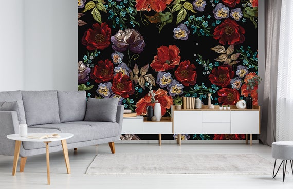 Black wallpaper with blooming field flowers, self adhesive, peel and stick floral wall mural