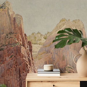 Rocky mountains landscape wallpaper, vintage painting wall mural | Peel and Stick (Self Adhesive) or Non Adhesive Vinyl Paper