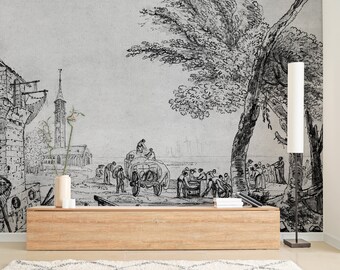 May include: A black and white drawing of a town scene with a church, a tree, and people. The drawing is on a light gray background. A wooden shelf with a vase and books is in the foreground.