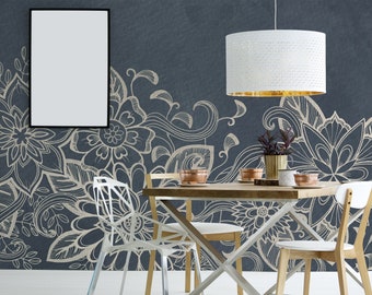 Blue wallpaper with elegant floral pattern, self adhesive, peel and stick floral wall mural